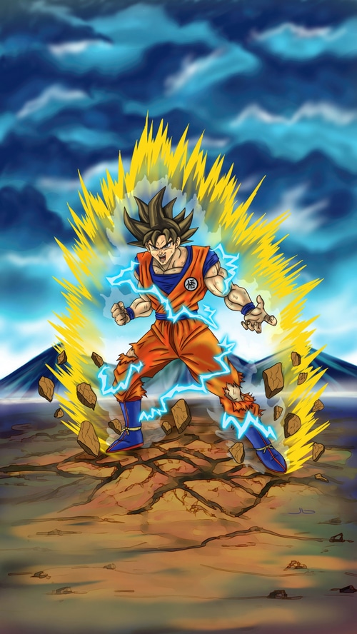 Goku powering up with yellow aura and lightning