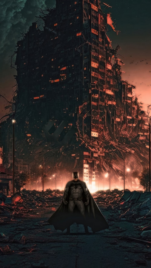 Batman in a ruined city