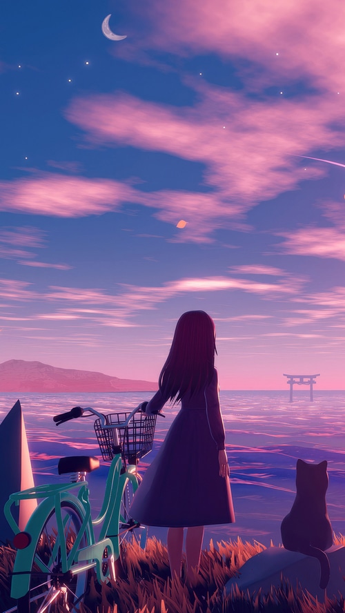 Anime girl with bicycle and cat by the sea