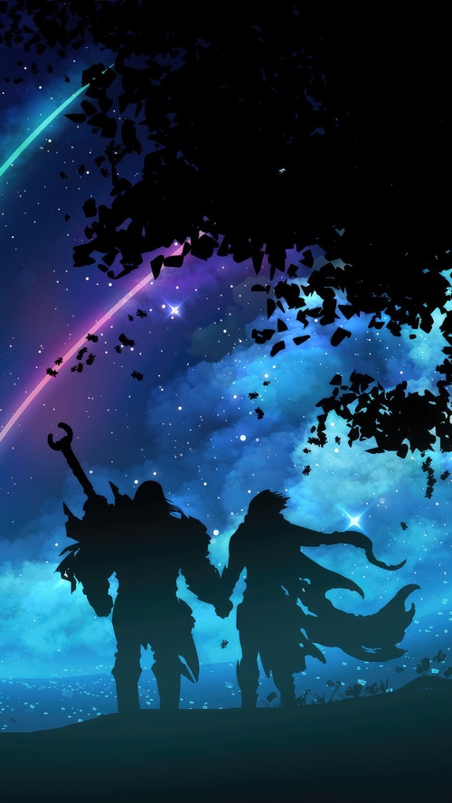 Two figures holding hands under a starry sky
