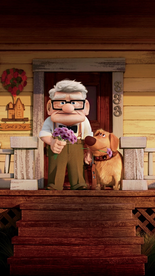 Carl and Dug from Up on the porch
