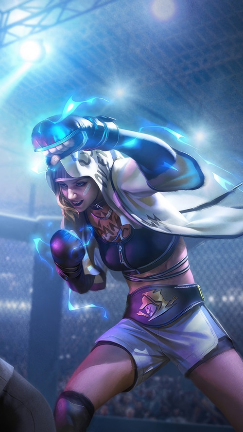Female boxer with blue energy in a boxing ring
