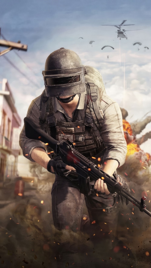 PUBG soldier with helmet and rifle in battle