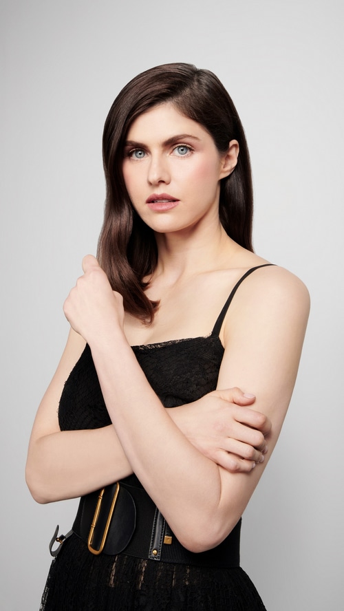 Alexandra Daddario in a black dress photoshoot