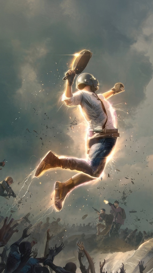 PUBG character jumping with a frying pan