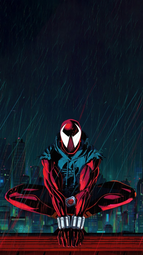 Scarlet Spider crouching in the rain