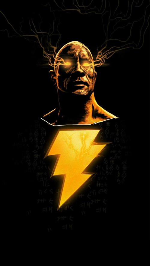 Black Adam with glowing eyes and lightning