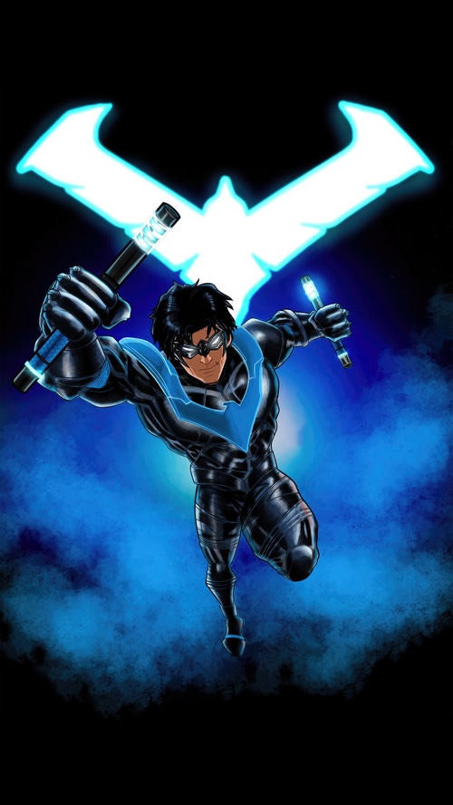 Nightwing with glowing escrima sticks and symbol