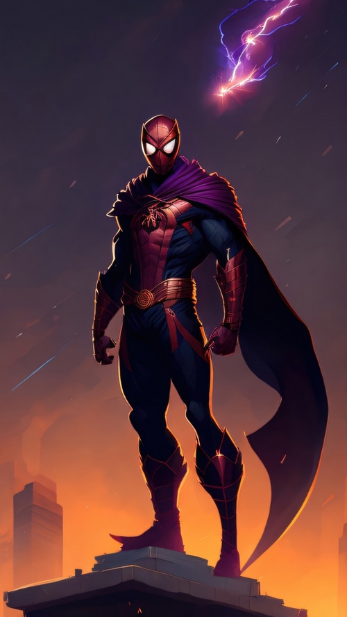 Spiderman Artwork with Purple Cape and Lightning