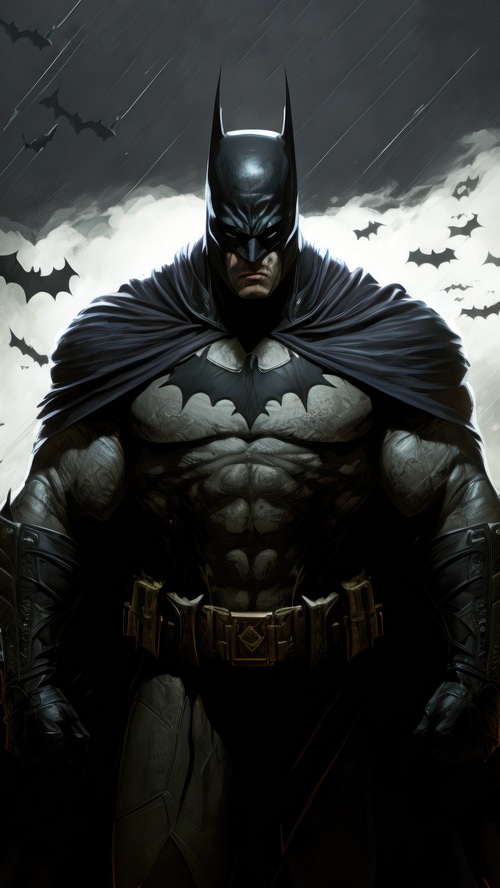 Batman artwork with bats and rain
