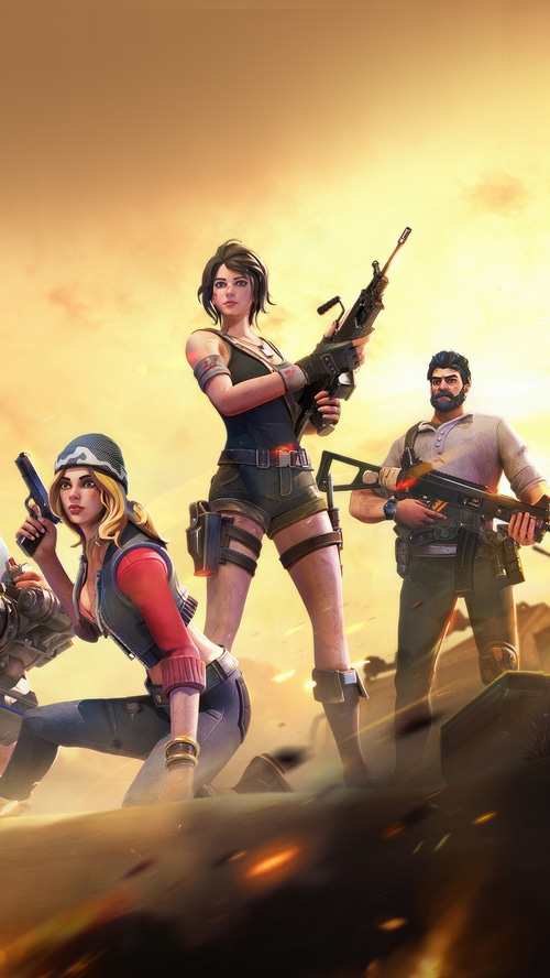 Three characters with guns in a desert