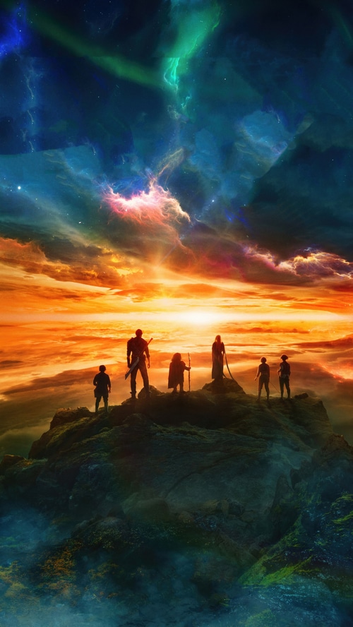 Willow and companions on a rocky outcrop under a nebula