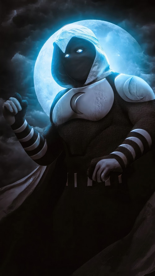 Moon Knight in front of a large moon