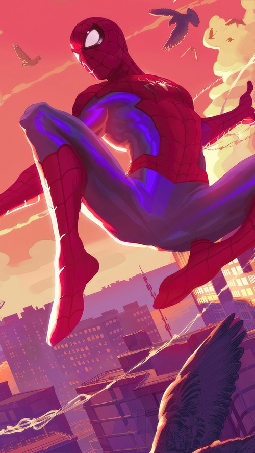Spider-Man leaping over a city at sunset