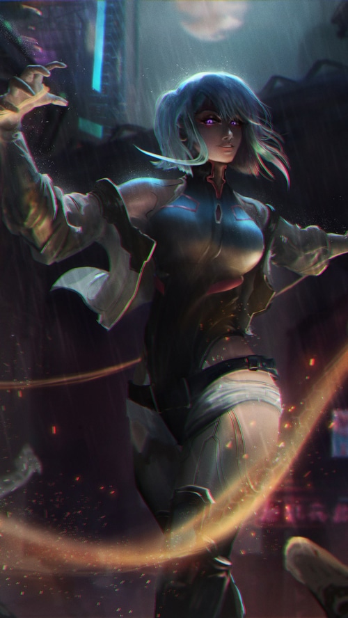 Lucy from Cyberpunk Edgerunners in a futuristic city