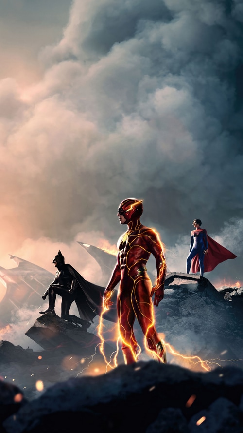 The Flash, Batman, and Superman in a dramatic scene