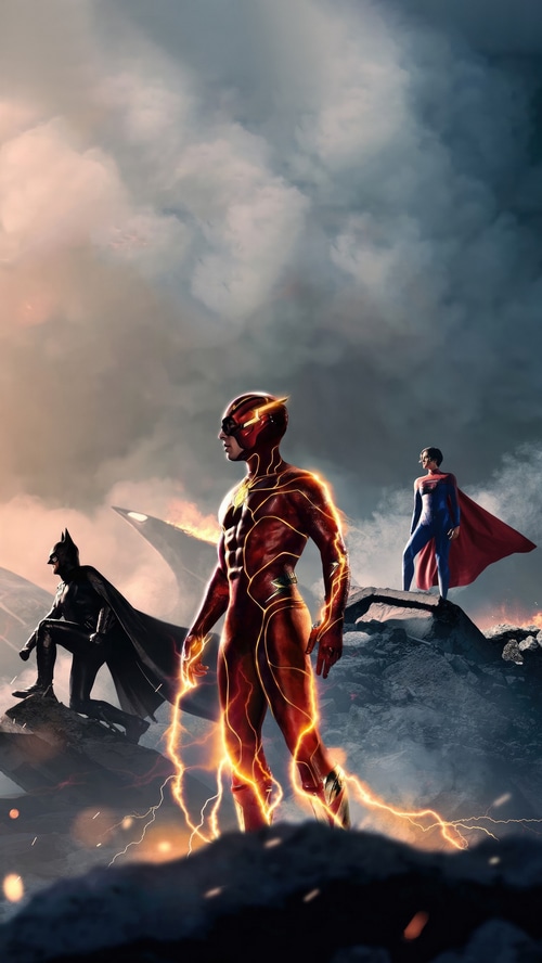 The Flash, Batman, and Superman in a dramatic scene