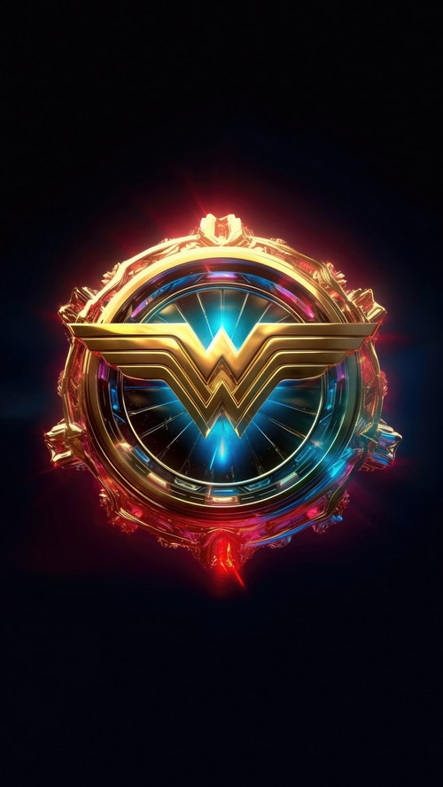 Wonder Woman's golden emblem with glowing blue and red lights