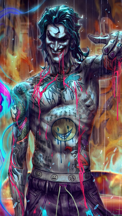 The Joker with tattoos and pink dripping paint