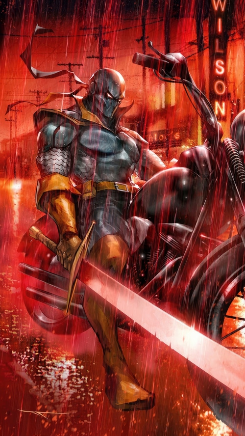 Deathstroke on a motorcycle in the rain