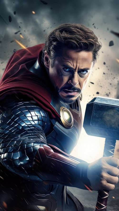 Iron Man as Thor holding Mjolnir