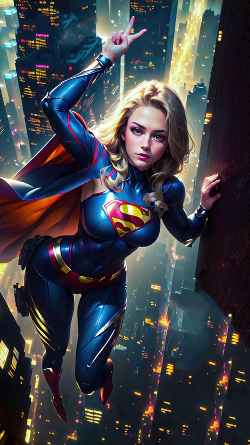 Supergirl posing on a skyscraper at night