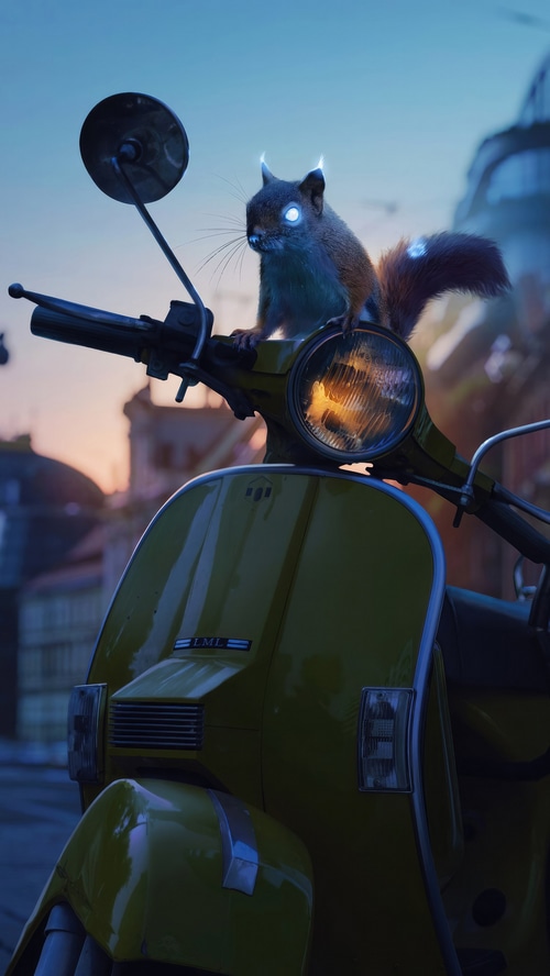 Squirrel with glowing eyes on a yellow scooter