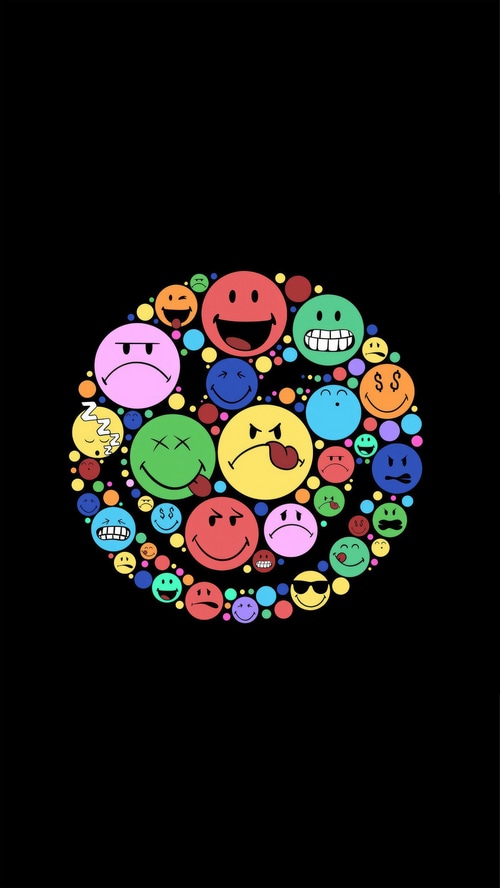 A collection of colorful smiley faces on a black background