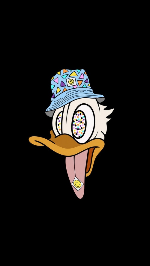 Donald Duck wearing a bucket hat with smiley face