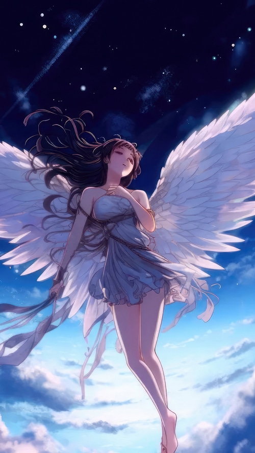 Angel with white wings in the night sky