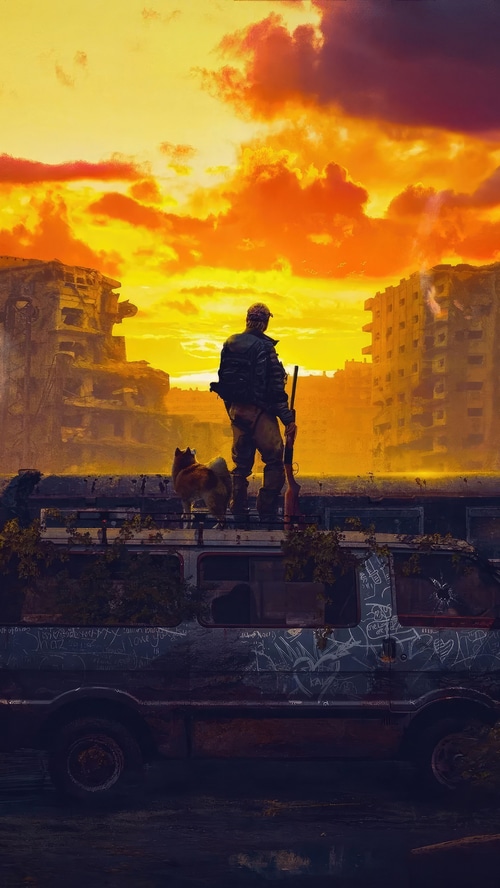 Man and dog in a post-apocalyptic city