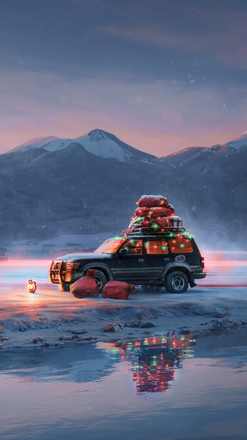 Christmas SUV loaded with gifts in snowy mountains