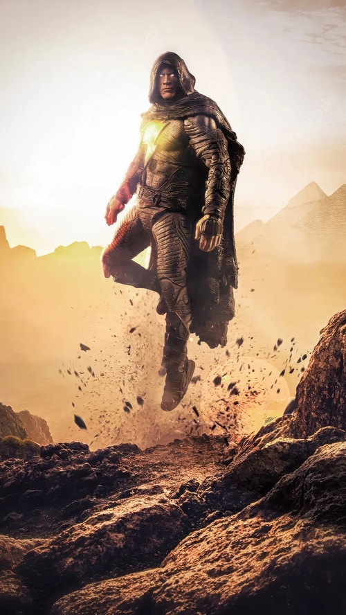 Black Adam flying over a rocky, desert landscape