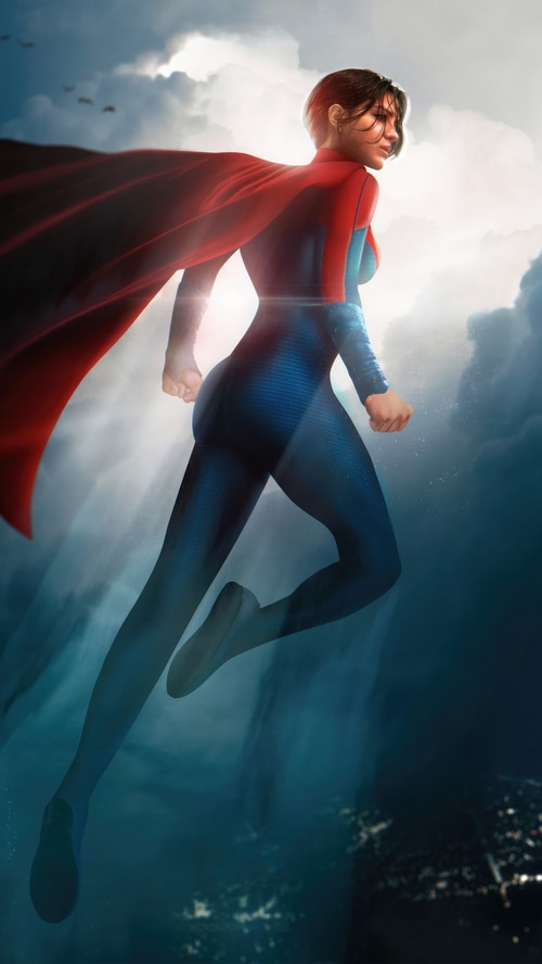 Supergirl flying through clouds over a city