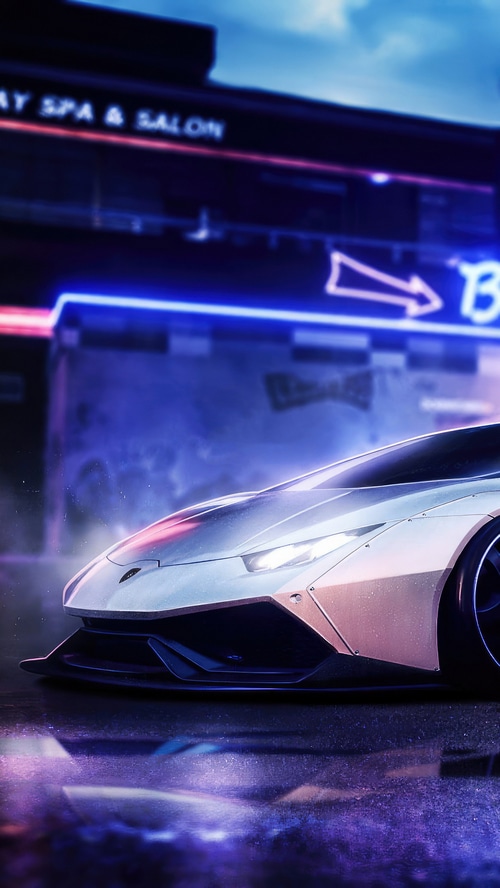 Lamborghini Huracan in neon-lit city
