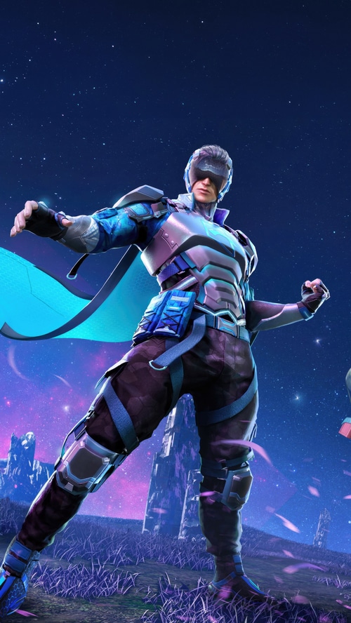 PUBG character in futuristic armor under a starry sky