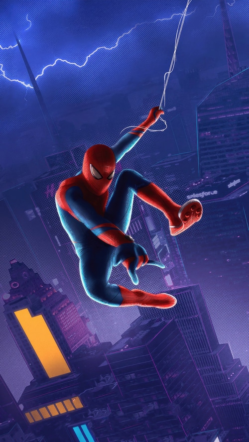Spider-Man swinging through a lightning-filled city
