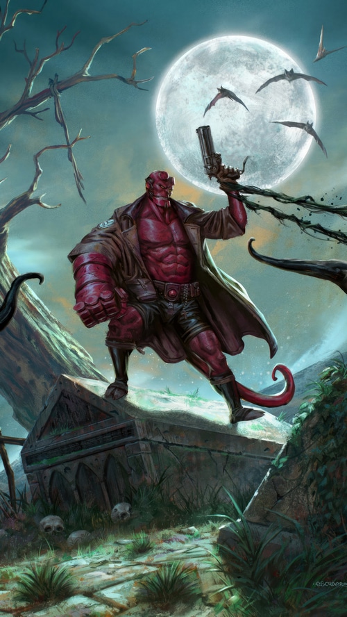 Hellboy stands on a tombstone with a gun