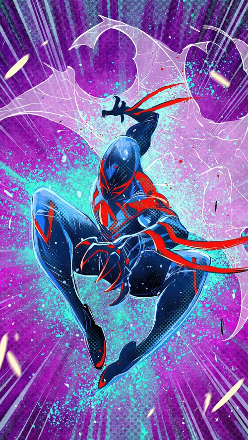 Spider-Man 2099 in dynamic pose with purple background