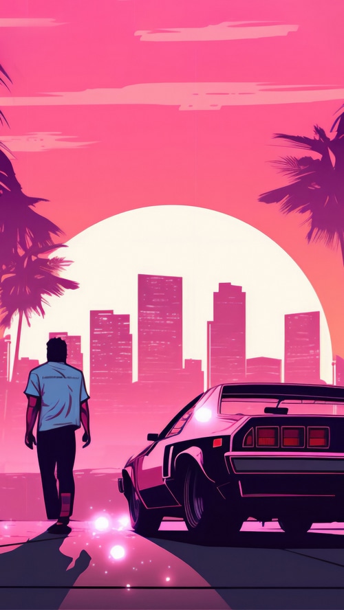Synthwave artwork of a man and a car in a city