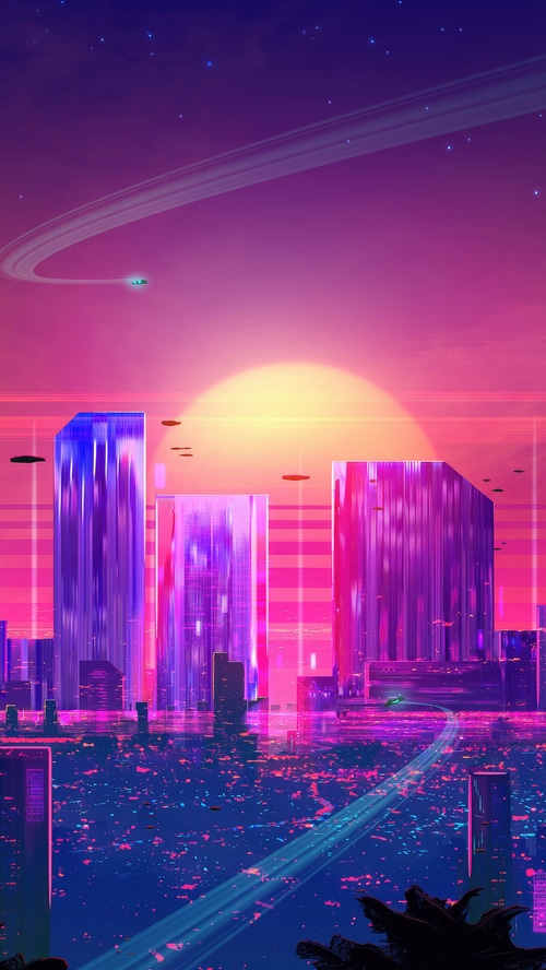 Synthwave Cityscape with Flying Vehicles and Ringed Planet