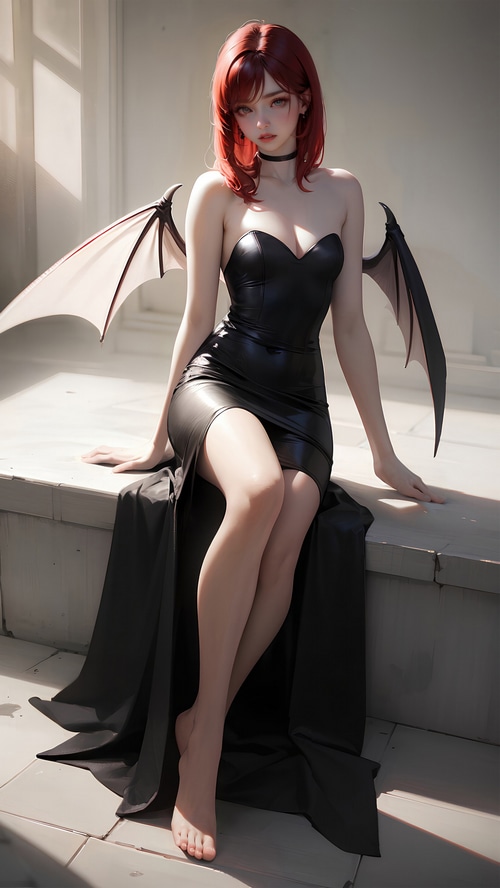 Fantasy girl with bat wings in a black dress