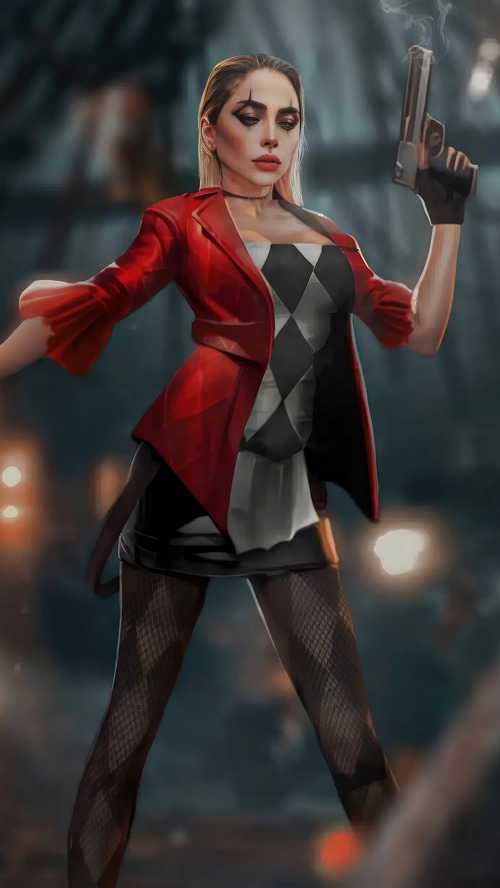 Lady Gaga as Harley Quinn holding a gun