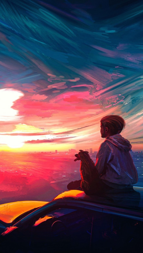 Person and dog watching a colorful sunset over a city