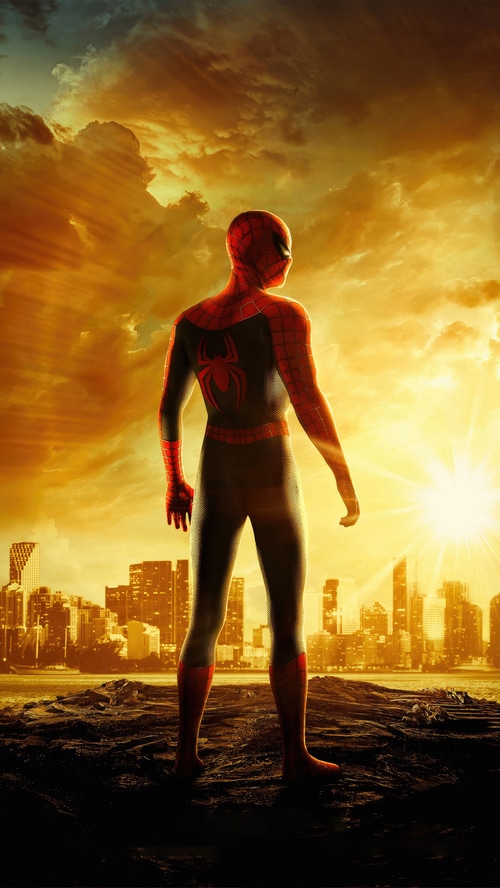 Spider-Man standing in front of a city skyline at sunset
