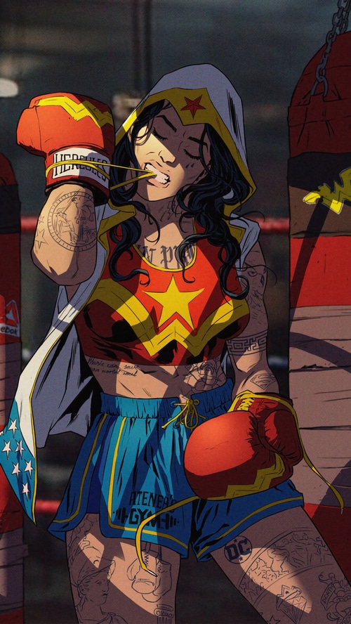Wonder Woman in boxing attire with tattoos