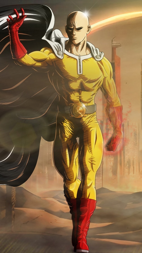 Saitama from One Punch Man in a desert landscape