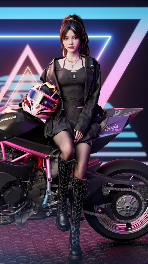 Kawasaki Ninja Biker Girl with Helmet 4K