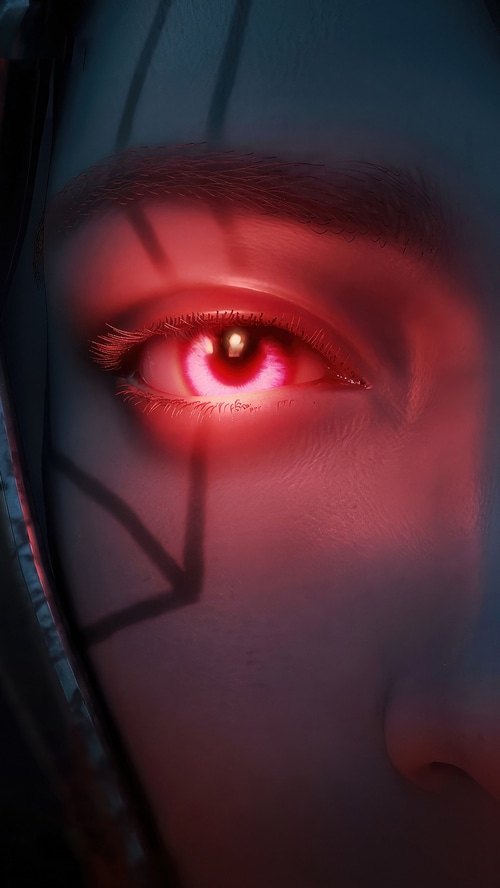 Close-up of a character's eye with red glow