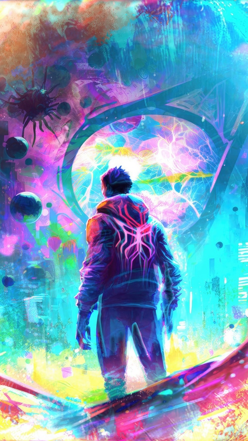 Spider-Man in a colorful, abstract dimension
